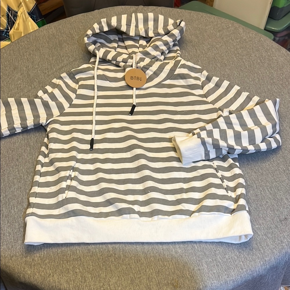 BiBi Gray and White Striped Hoodie